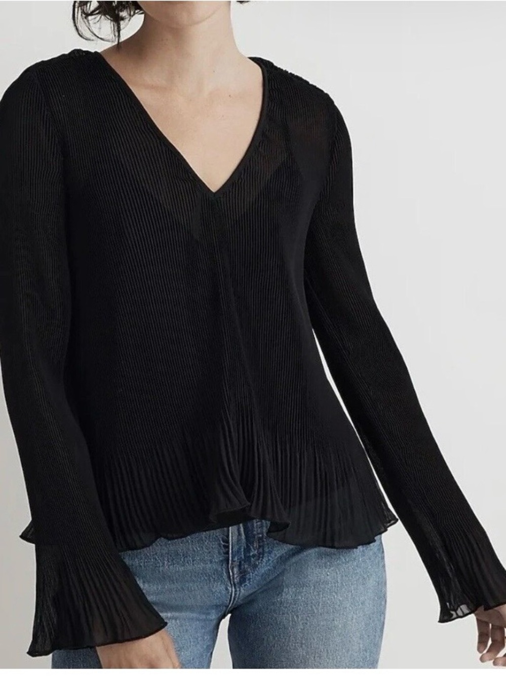 Madewell Women’s Black Chiffon Pleated V-Neck Long Flare Sleeve Lined Top Sz S